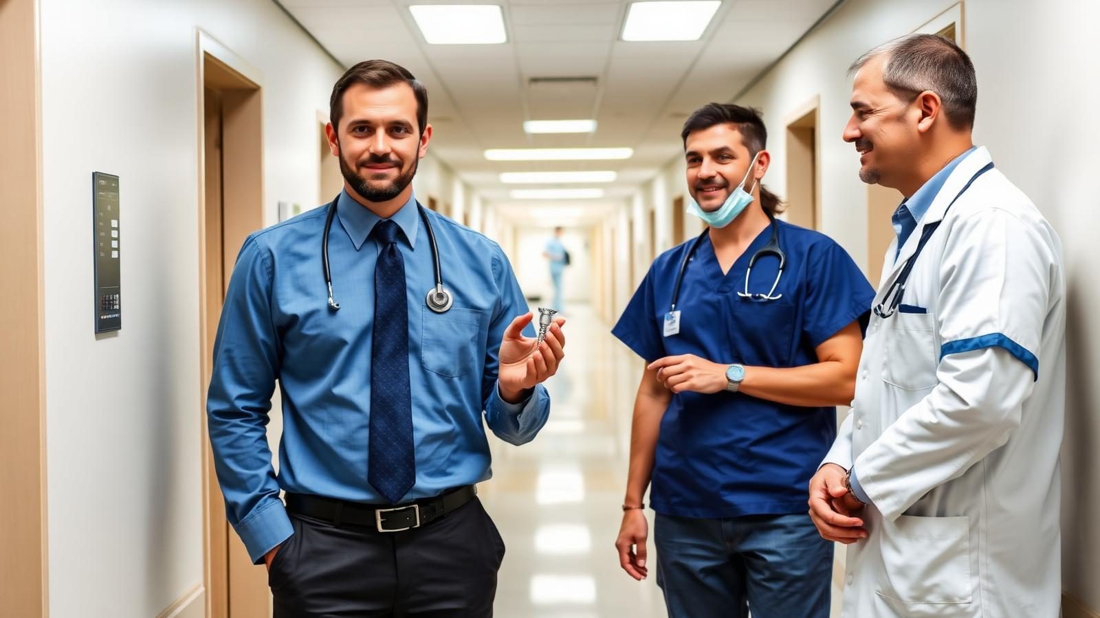A medical device sales representative demonstrates an orthopedic implant to physicians in a hospital corridor