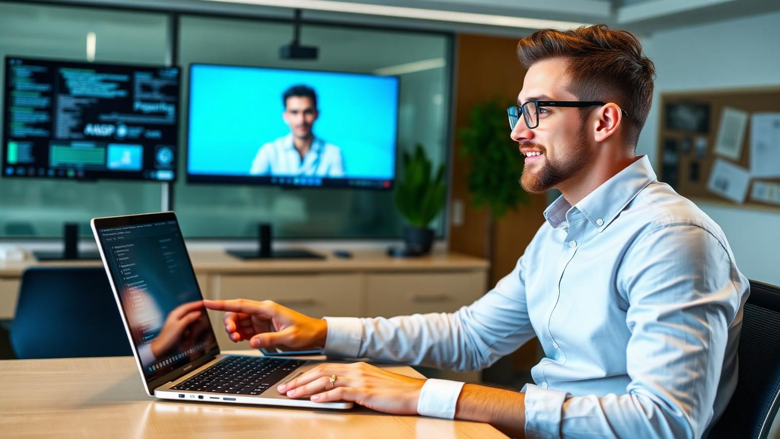 A tech sales account executive demonstrates SaaS software on a video call in a modern startup office
