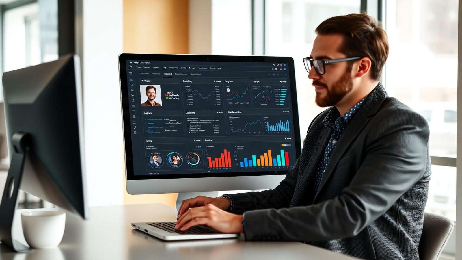 A tech recruiter uses AI-powered software to review sales candidate profiles and pipeline analytics